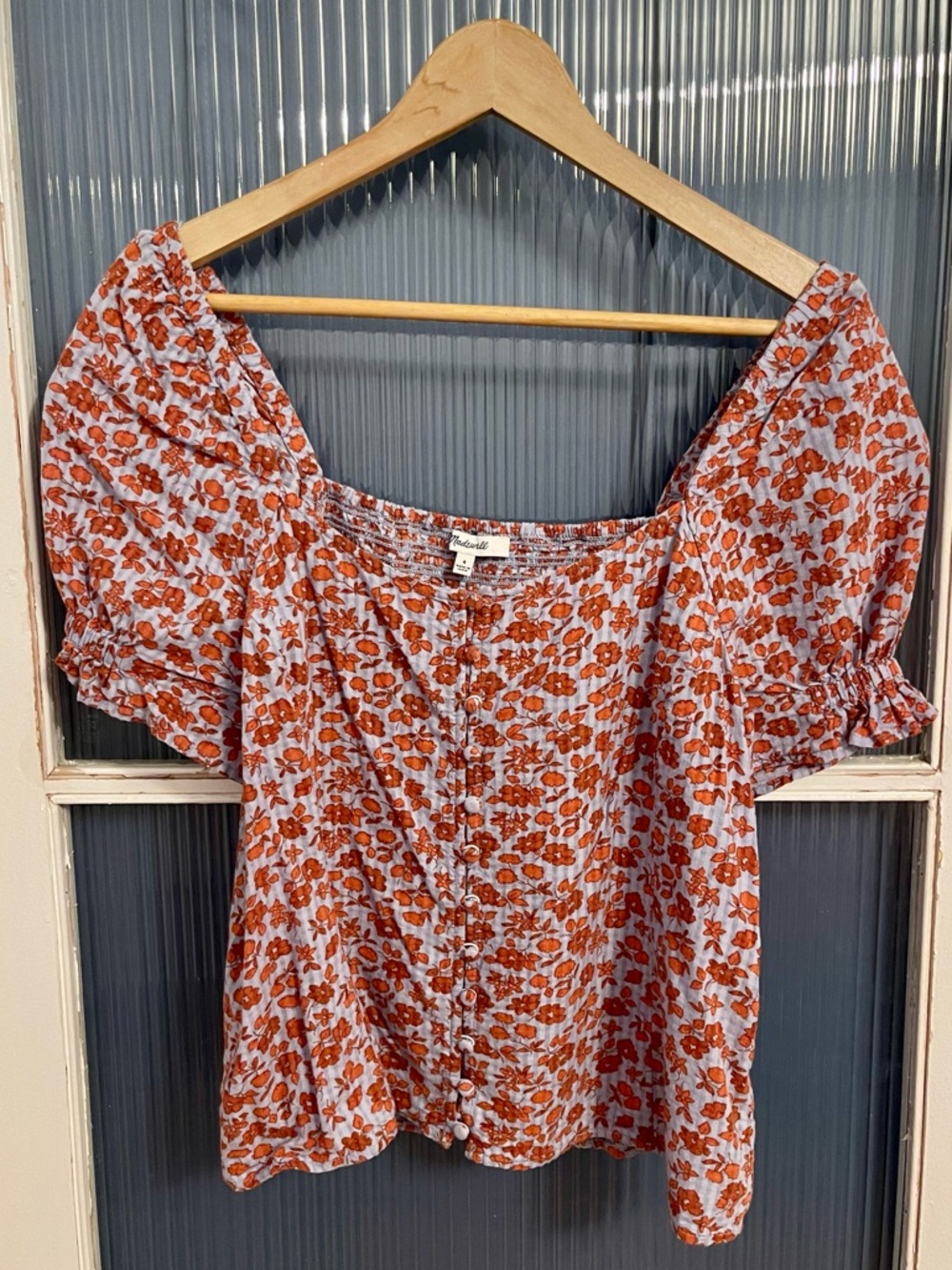 Madewell Top with Rust Floral Print and Puff Sleeves